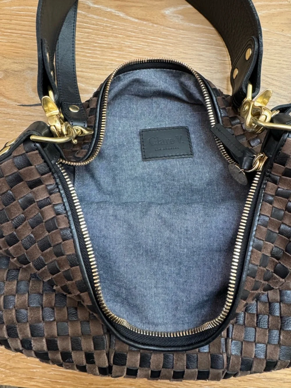 Woven Two-Tone Brown and Black Leather Shoulder Bag - Picture 3 of 5